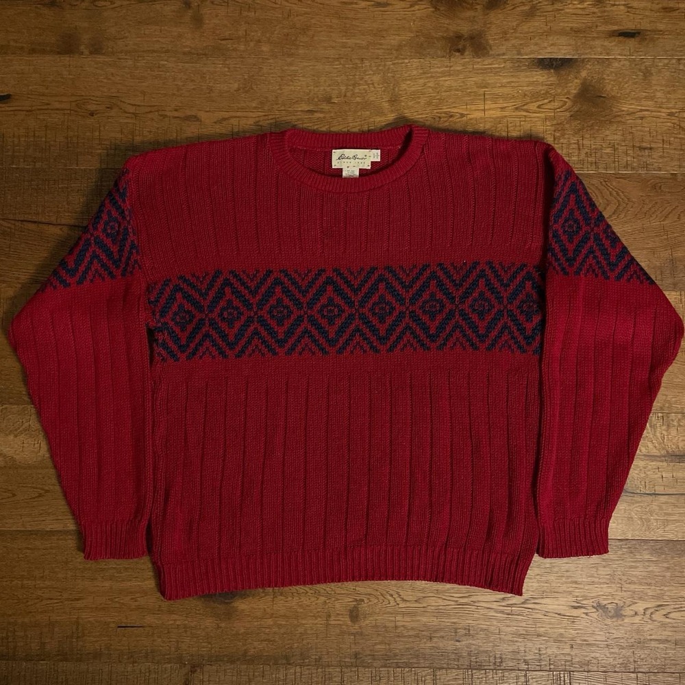 Eddie Bauer Ribbed Sweater Mens Large Red Vintage Cowichan Knit Crewneck USA